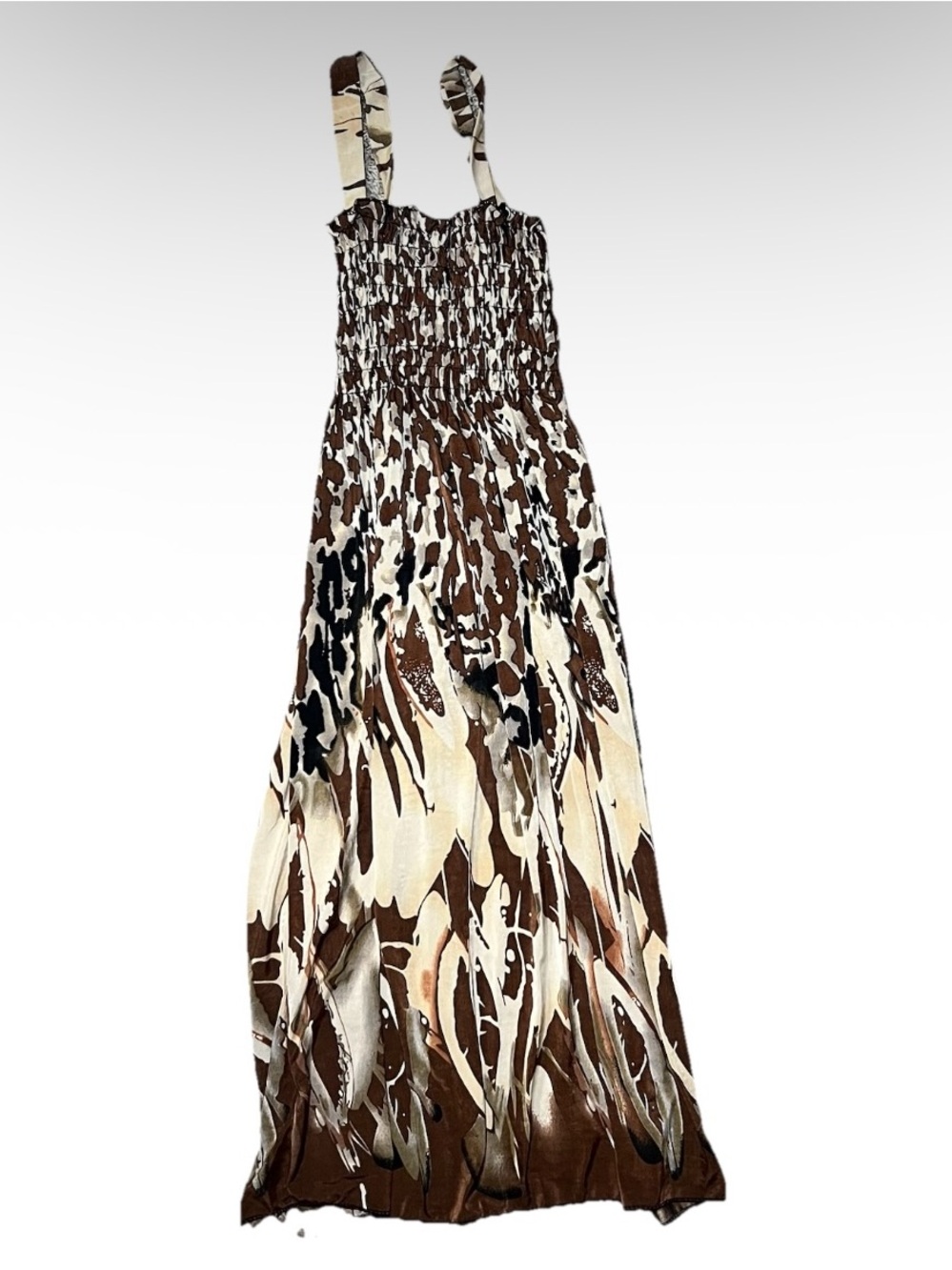 Y2k Brown Abstract Smock Boho Maxi Dress Summer Beach Cheetah Costume Halloween